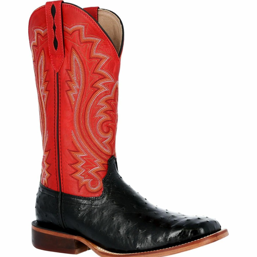 Men'S Durango Boot | Durango® Premium Exotics Fiery Red Full-Quill Ostrich Western Boot Black Ostrich And Fiery Red