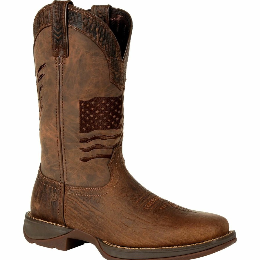 Men'S Durango Boot | Rebel By Durango® Brown Distressed Flag Embroidery Western Boot Acorn