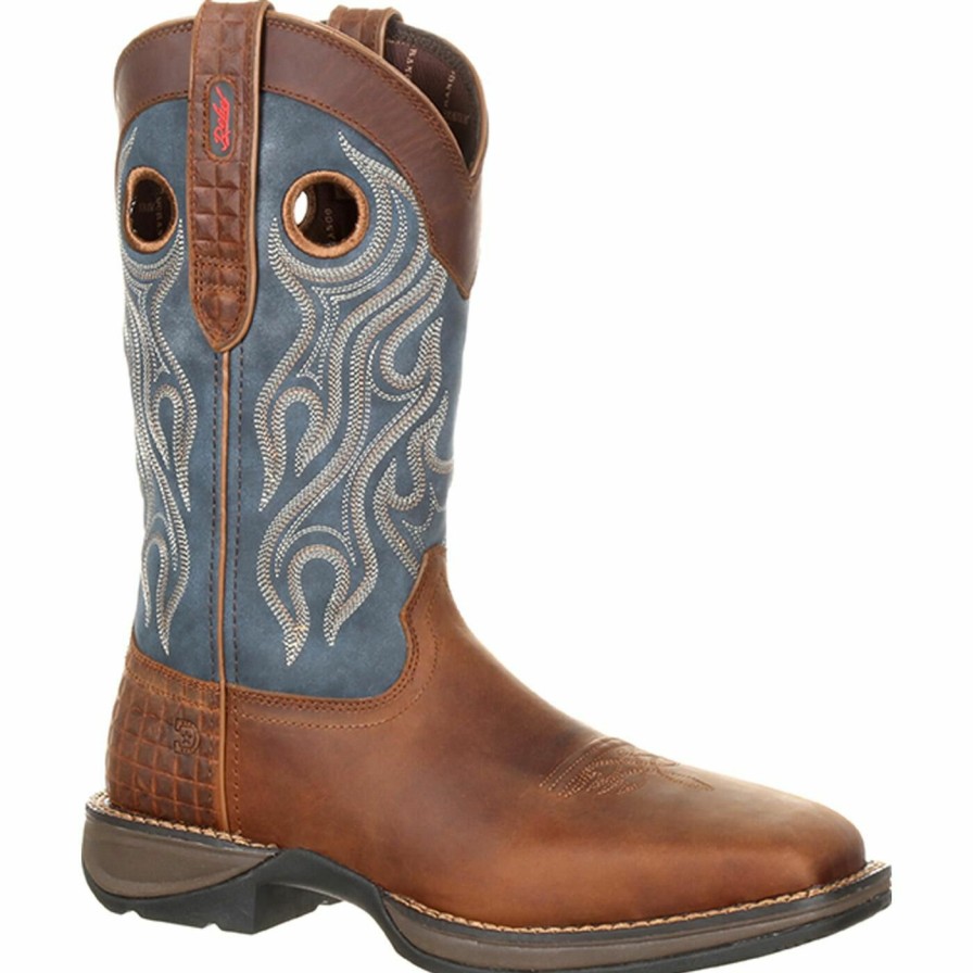 Men'S Durango Boot | Rebel By Durango® Steel Toe Pull-On Western Boot Dark Brown And Blue Denim