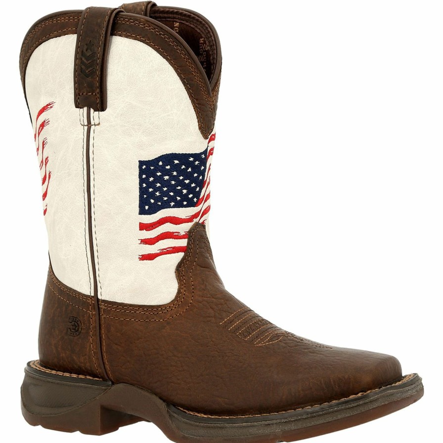 Kids Durango Boot | Lil' Rebel By Durango® Big Kids Distressed Flag Western Boot Bay Brown And White