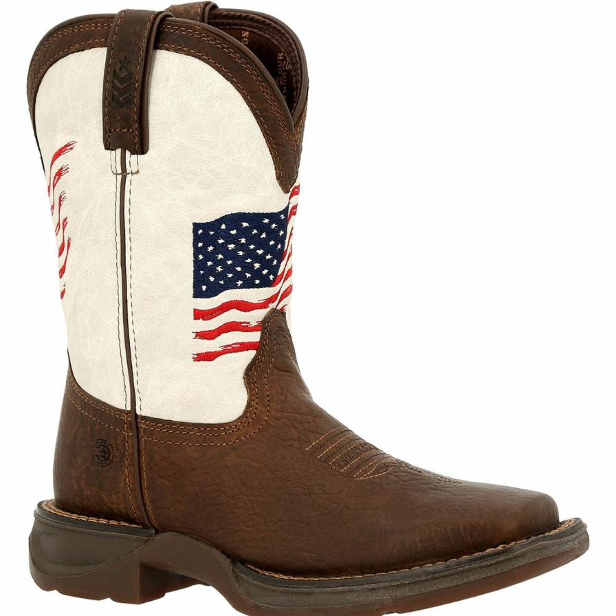 Kids Durango Boot | Lil' Rebel By Durango® Little Kids Distressed Flag Western Boot Bay Brown And White